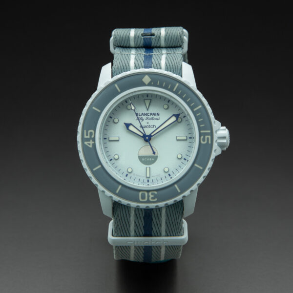 Swatch x Blancpain, Scuba Fifty Fathoms "Antartic Ocean", 42mm, Silver Dial, Bioceramic