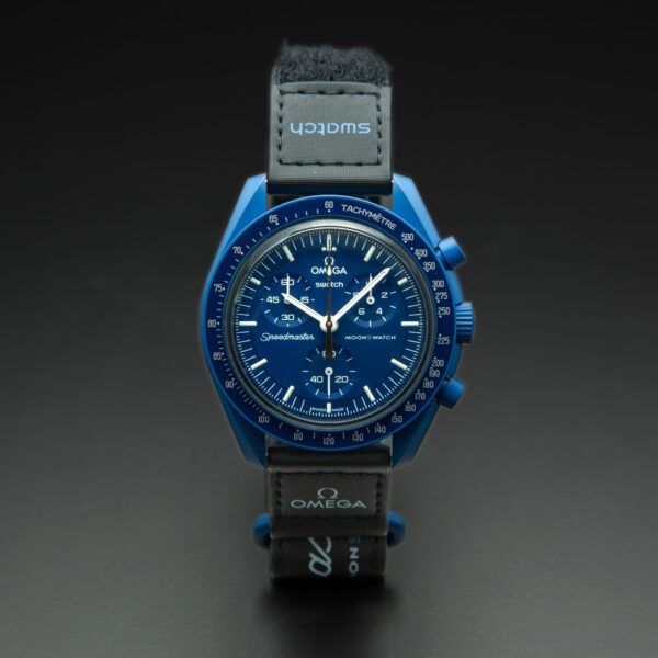 Swatch x Omega, MoonSwatch "Mission to Neptune Moonshine Gold", Blue Moon August, 42mm, Blue Dial, Bioceramic